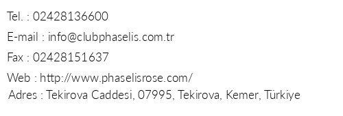 Club Hotel Phaselis Rose Tekirova telefon numaralar, faks, e-mail, posta adresi ve iletiim bilgileri